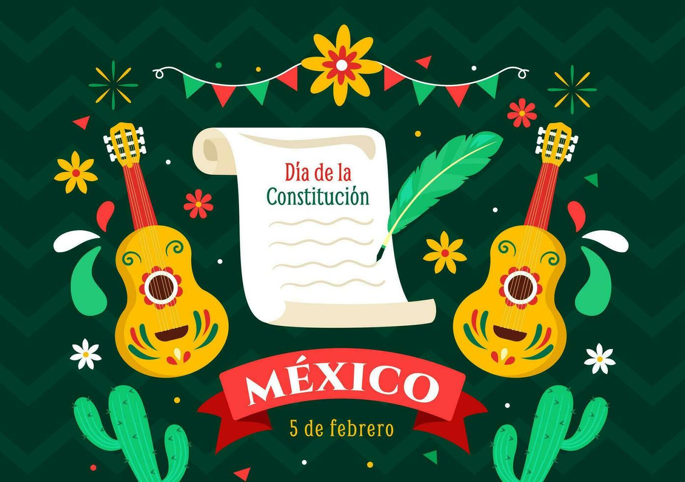 dia de la Verfassung Vektor Illustration. Übersetzung glücklich Verfassung Tag von Mexiko auf Februar 5 mit Mexikaner Hut und winken Flagge Hintergrund