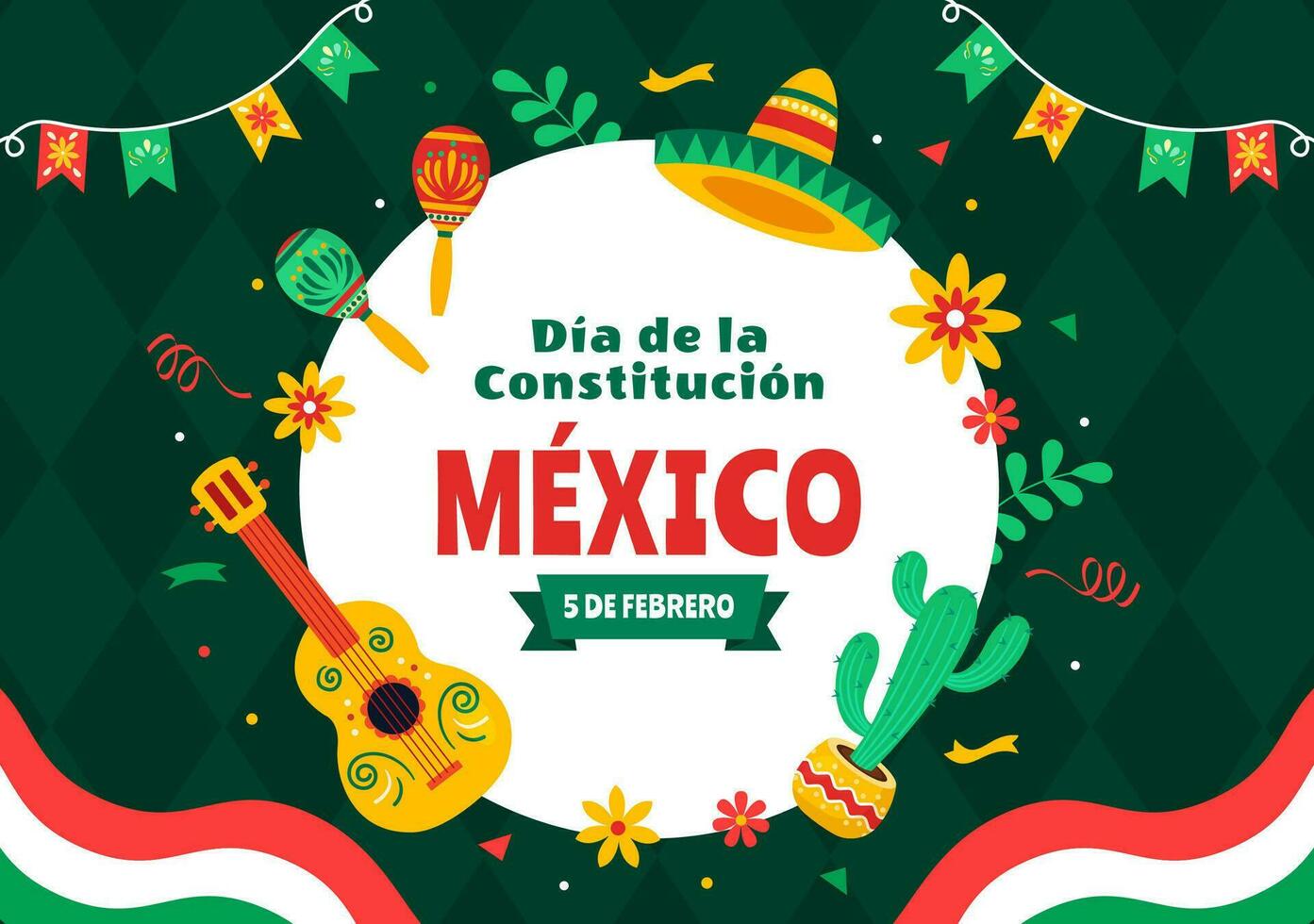 dia de la sammansättning vektor illustration. översättning Lycklig konstitution dag av mexico på februari 5 med mexikansk hatt och vinka flagga bakgrund