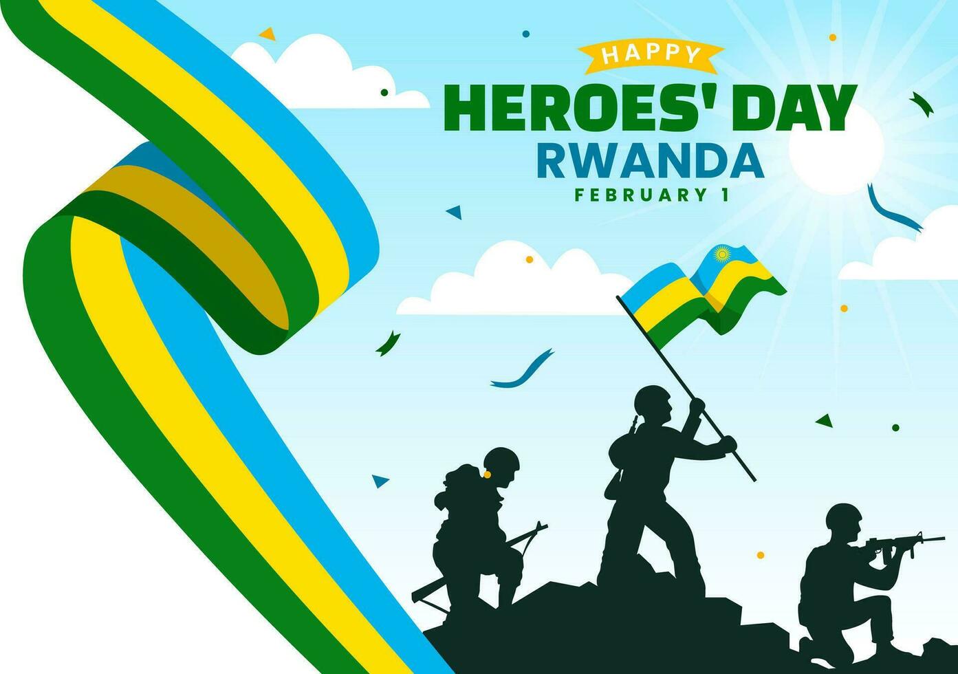 Ruanda Helden Tag Vektor Illustration auf Februar 1 mit ruandisch Flagge und Soldat Denkmal Wer gekämpft im National Urlaub Karikatur Hintergrund