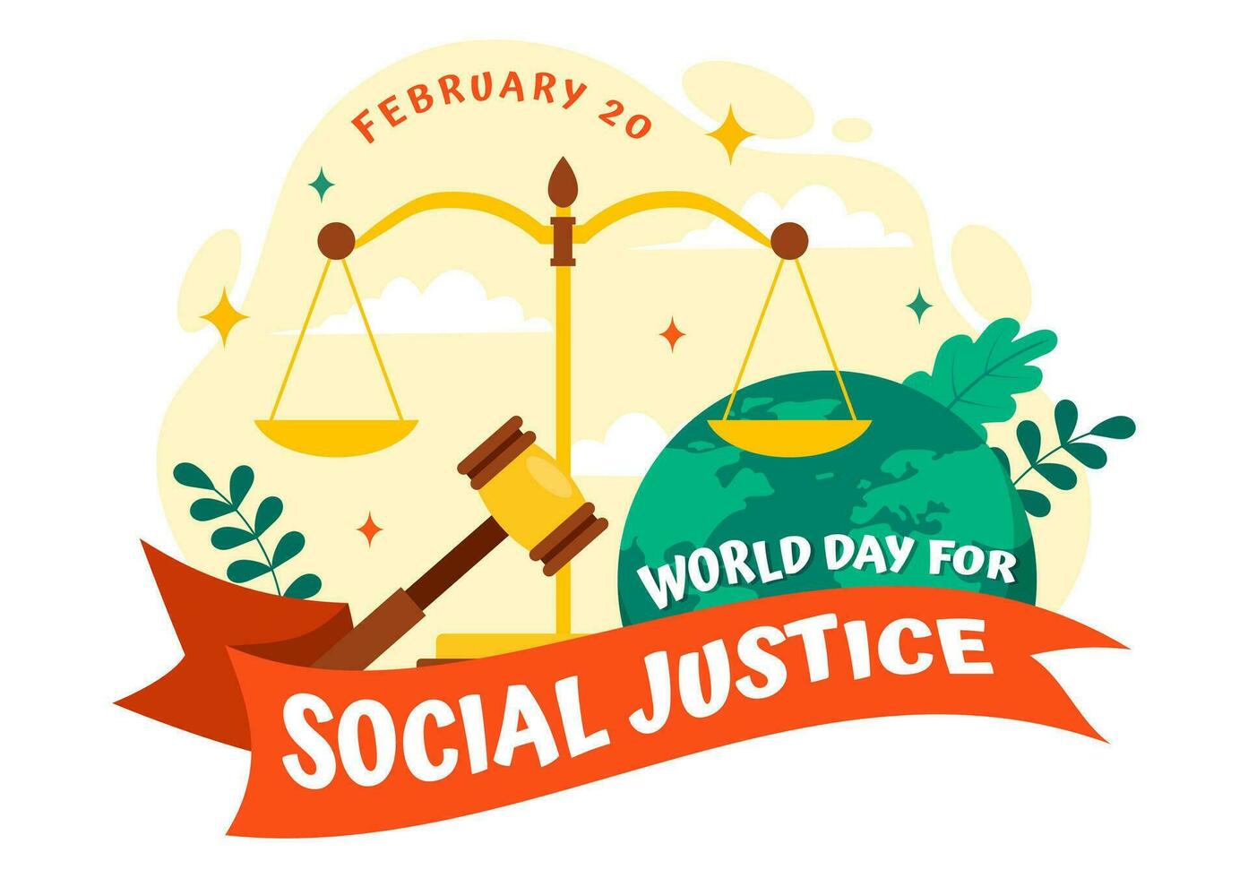 Welt Tag von Sozial Gerechtigkeit Vektor Illustration auf Februar 20 mit Waage oder Hammer zum ein gerade Beziehung und Ungerechtigkeit Schutz im Hintergrund