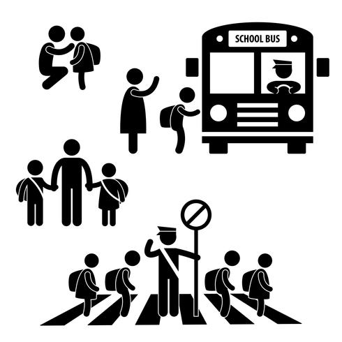 Student Elever Barn Tillbaka till skolbuss Korsning Väg Trafik Polis Ikon Symbol Tecken Pictogram. vektor