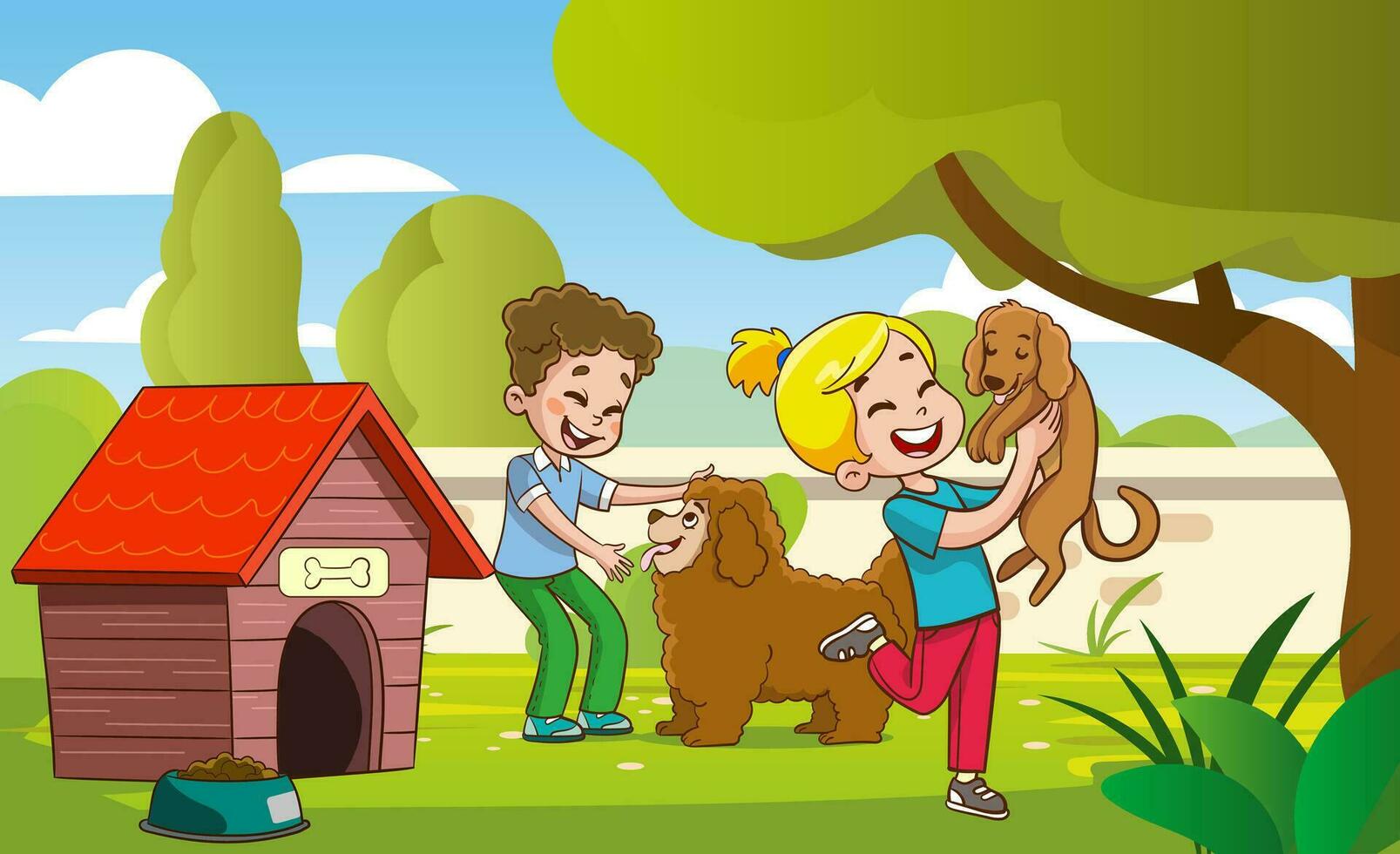 Vektor Illustration von Kinder spielen und liebend mit Hund