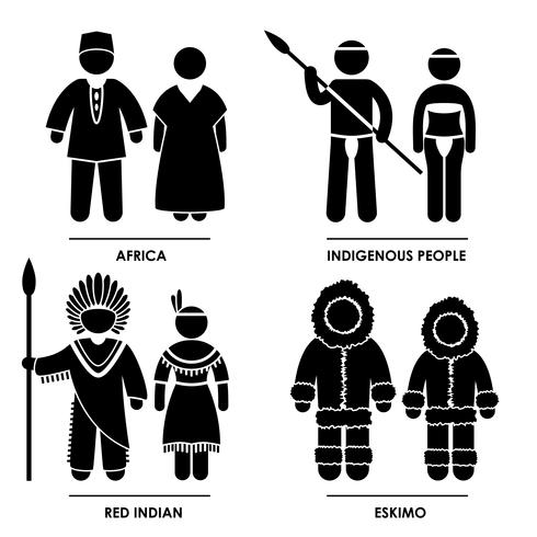 Afrika Röd Indisk Eskimo Man Kvinna Nationell Traditionell Kostym Klä Kläder Ikon Symbol Sign Pictogram. vektor