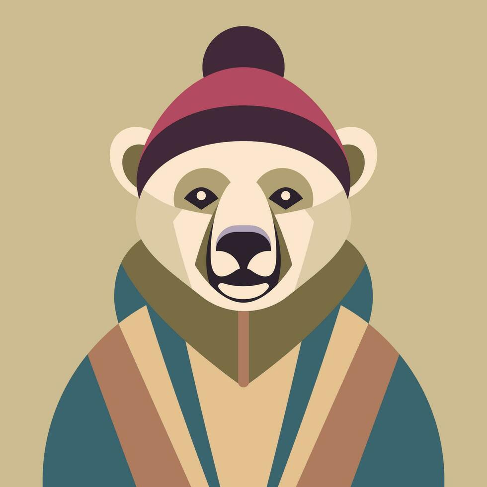 ein Weiß Polar- Bär ist tragen ein Jacke und ein Hut. Vektor Illustration im geometrisch Stil. Design Element zum Poster, druckt zum Kleidung, Banner, Abdeckungen, Webseiten, Sozial Netzwerke, Logo