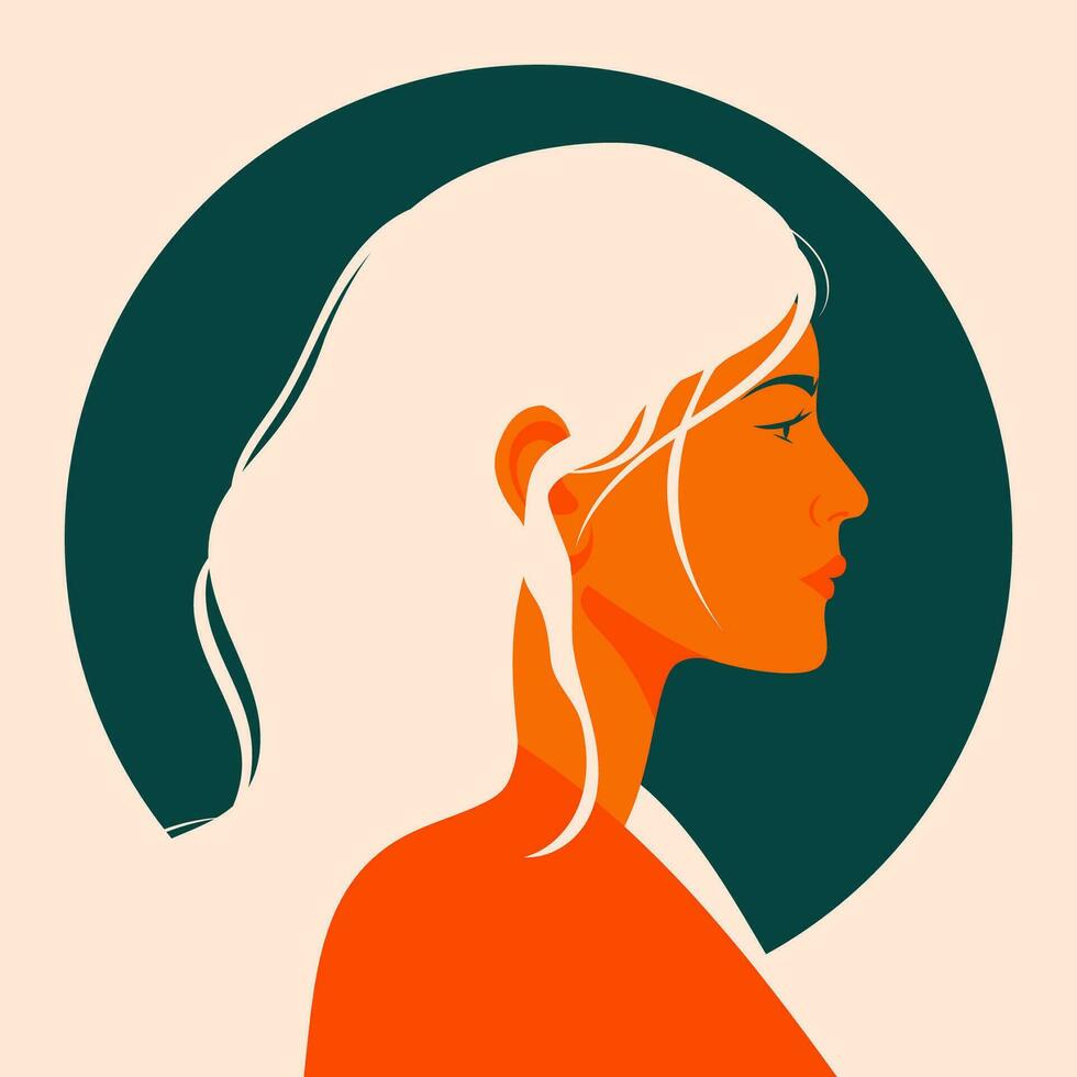 Profil von ein schön Mädchen mit Blumen im ihr Haar. Vektor Illustration im Wohnung, einfach Stil. Design Element zum Poster, druckt zum Kleidung, Banner, Abdeckungen, Webseiten, Sozial Netzwerke, Logo