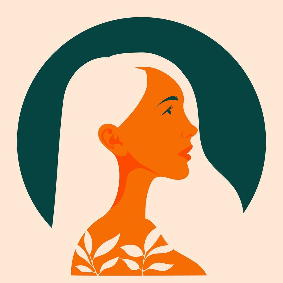 profil av en skön flicka med blommor i henne hår. vektor illustration i platt, enkel stil. design element för affischer, grafik för Kläder, banderoller, täcker, webbplatser, social nätverk, logotyp