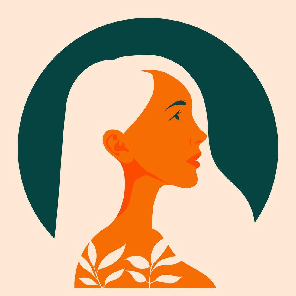 Profil von ein schön Mädchen mit Blumen im ihr Haar. Vektor Illustration im Wohnung, einfach Stil. Design Element zum Poster, druckt zum Kleidung, Banner, Abdeckungen, Webseiten, Sozial Netzwerke, Logo