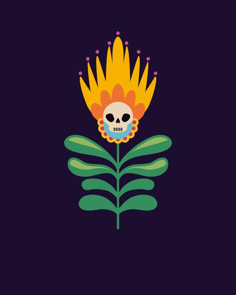 dekorativ Blume mit ein Schädel. Vektor handgemalt Zeichnung. Blume zum Halloween, Tag von das tot. traditionell Mexikaner Muster. Design zum T-Shirts, Plakate. eben Vektor Illustration.