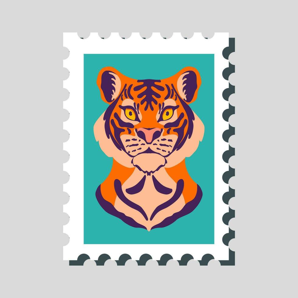 Porto Briefmarke Tiger. Hand gezeichnet Vektor Illustration im modisch Farben. großartig zum Poster, Kalender, T-Shirts, Postkarten.