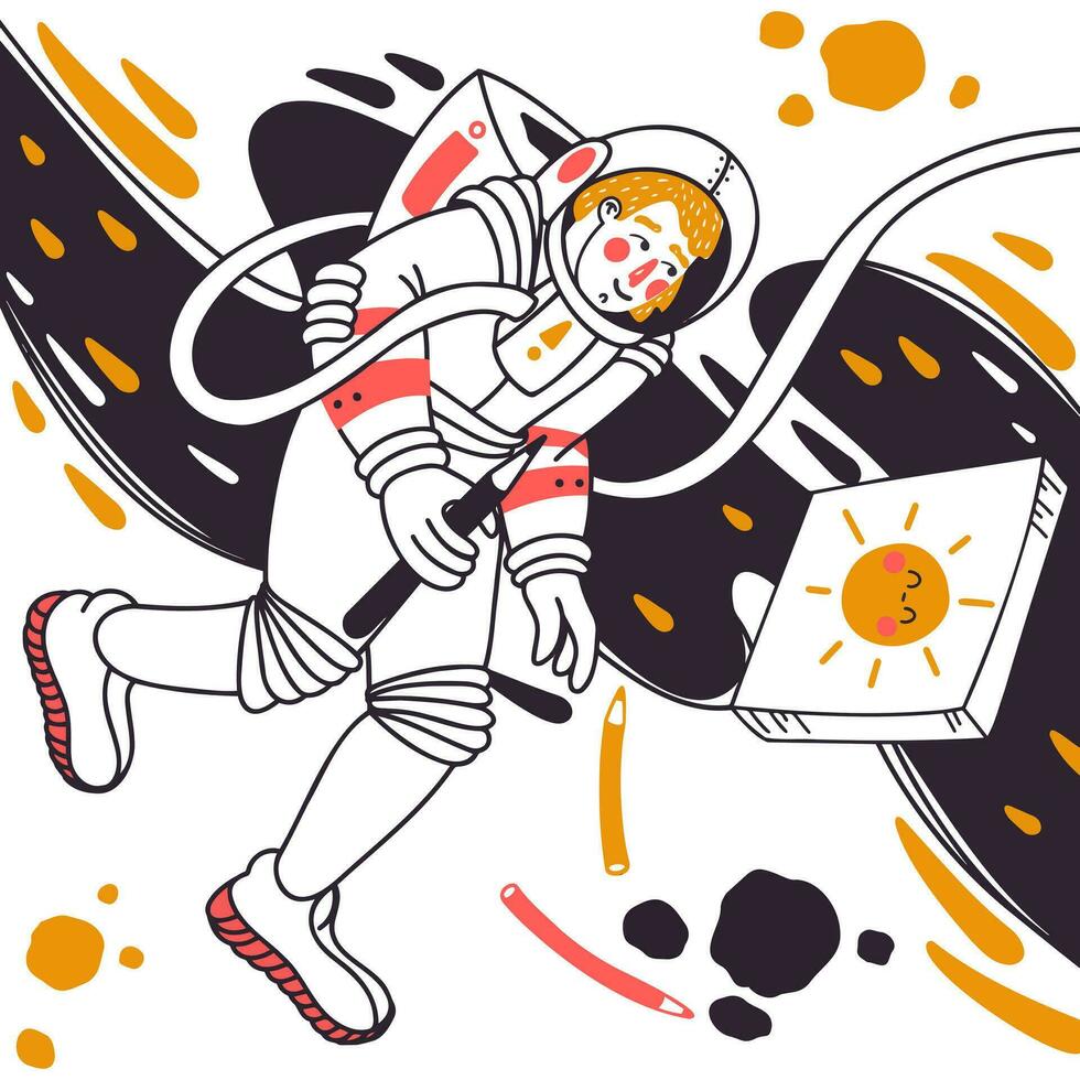 ett astronaut i Plats målarfärger en bild. Plats konstnär. vektor illustration i en platt stil. astronaut. Plats resa. konceptuell illustration handla om kreativitet. kreativ flöde. kreativ människor.