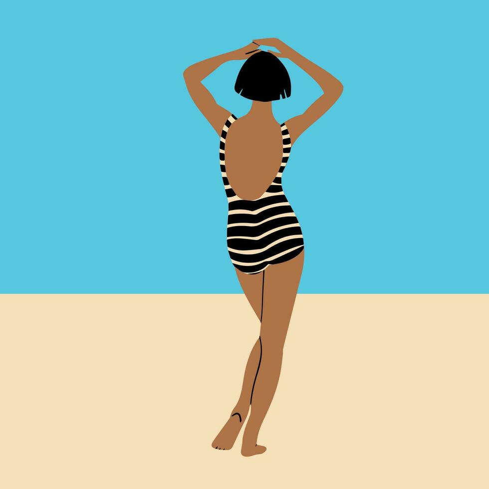 ein schlank, Braun gebrannt Mädchen im ein gestreift Badeanzug steht auf das Strand. Vektor Illustration im ein Wohnung, Karikatur Stil. das Konzept von Sommer, Urlaub, Urlaub, Entspannung, Reise