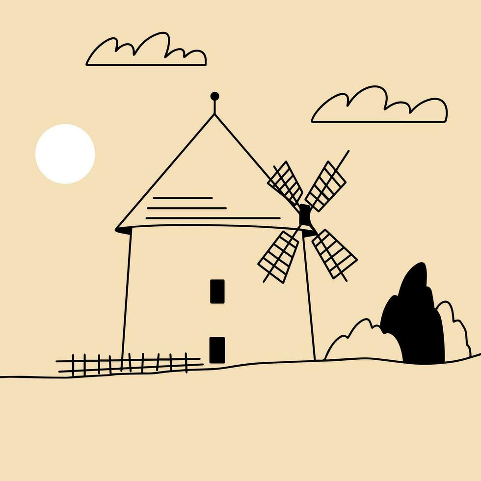 landskap. ranch, hus i de fjäll, odla, äng, hus, träd, väg, berg. hand dragen vektor illustration. minimalistisk panorama- studie av de landsbygden. ikon, logotyp, skriva ut, affisch mallar