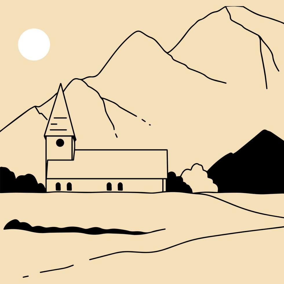 Landschaft. Ranch, Haus im das Berg, Bauernhof, Wiese, Haus, Baum, Straße, Berg. Hand gezeichnet Vektor Illustration. minimalistisch Panorama- Studie von das Landschaft. Symbol, Logo, drucken, Poster Vorlagen