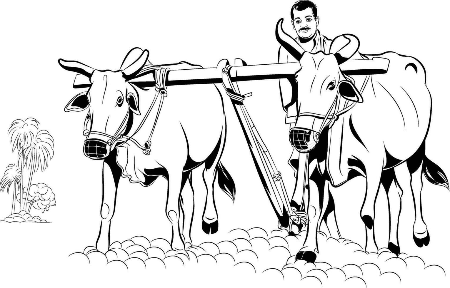 Farmer beim arbeiten. im das Landwirtschaft Bereich. Anbau Land indisch Landwirtschaft Seite? ˅ traditionell Landwirtschaft Stil mit Kühe. indisch Dorf. vektor