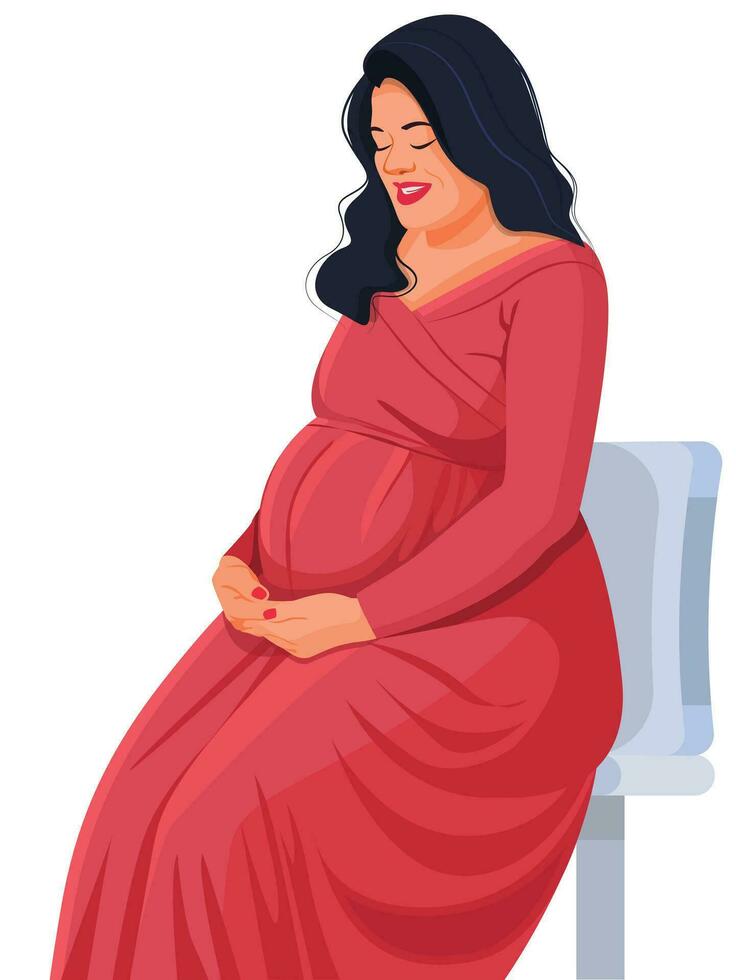 skön ung gravid kvinna Sammanträde på stol vektor
