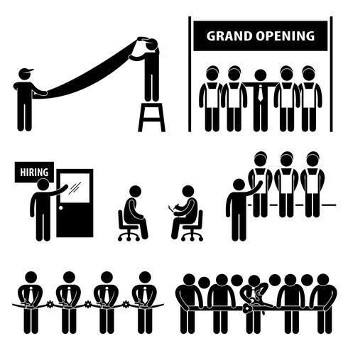 Business Grand Opening Scissor Cut Ribbon Hiring Arbetsjobb Intervju Stick Figure Pictogram Icon. vektor