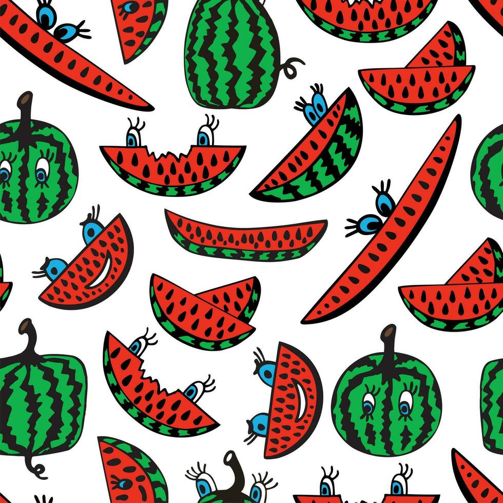 Wassermelone Scheiben und Kritzeleien Vektor nahtlos Muster. Hand gezeichnet. Illustration zum Hintergrund, Textil. komisch Gesichter. Wassermelone mit Augen.