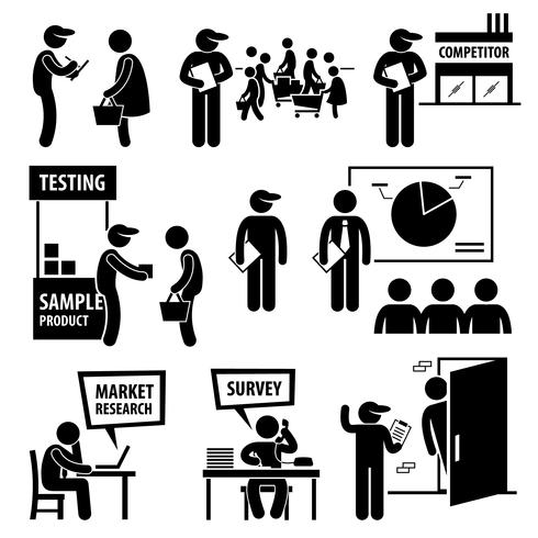 Business Market Survey Analysis Forskning Stick Figur Pictogram Ikoner. vektor