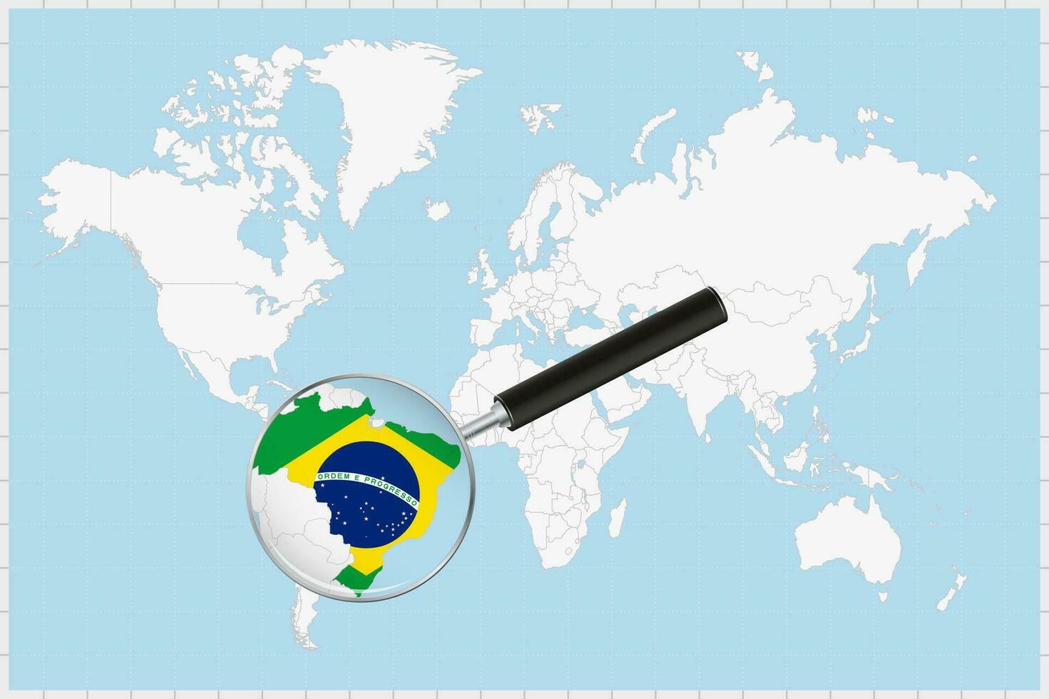 Vergrößerung Glas zeigen ein Karte von Brasilien auf ein Welt Karte. vektor