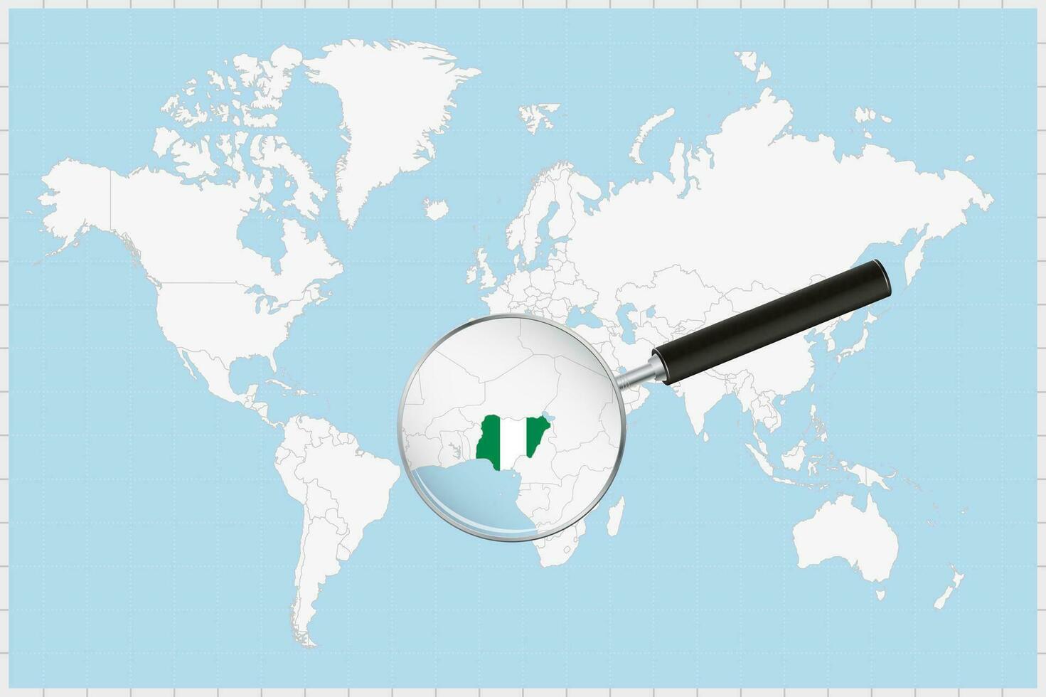 Vergrößerung Glas zeigen ein Karte von Nigeria auf ein Welt Karte. vektor