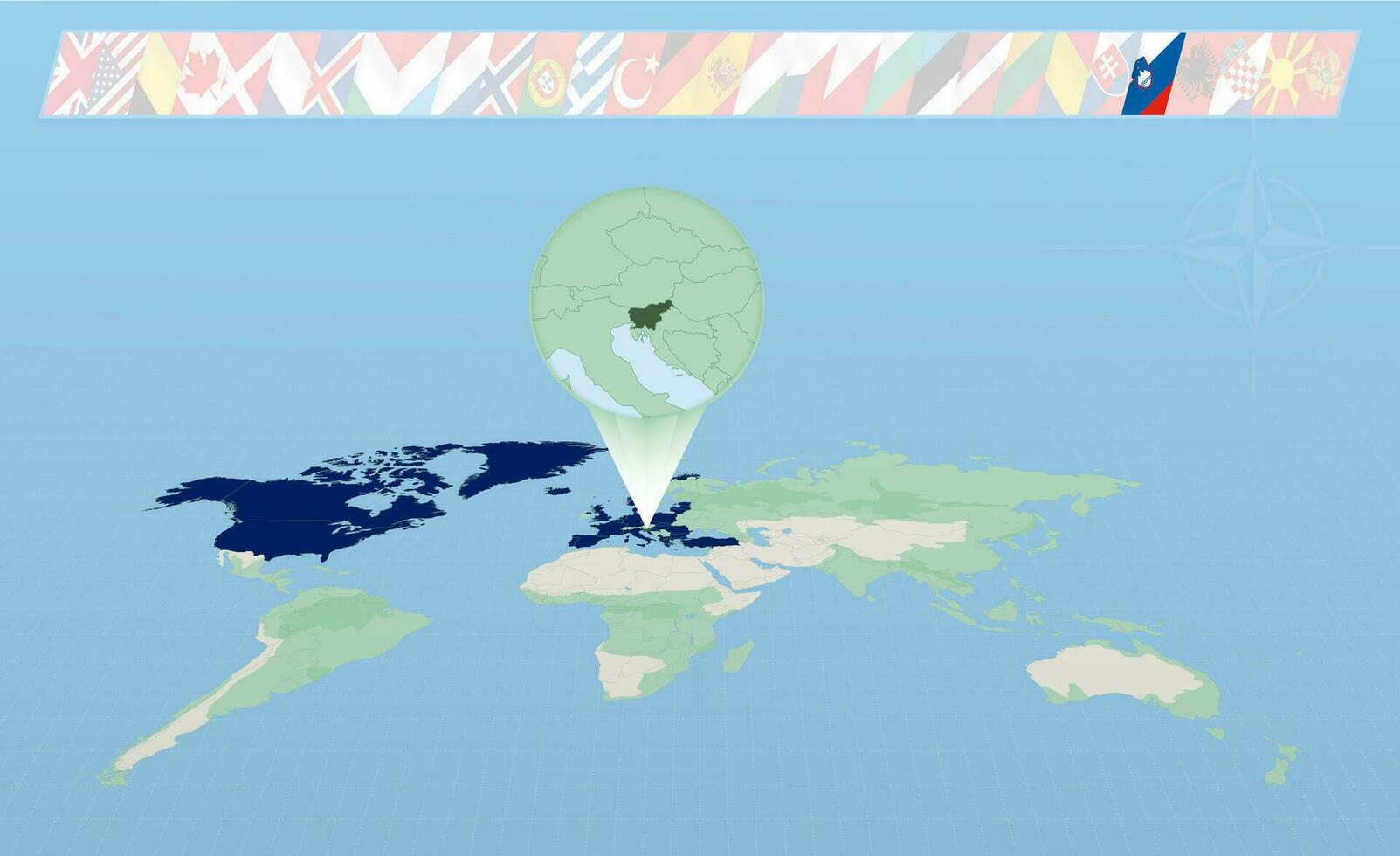 Slowenien Mitglied von Norden atlantisch Allianz ausgewählt auf Perspektive Welt Karte. Flaggen von 30 Mitglieder von Allianz. vektor