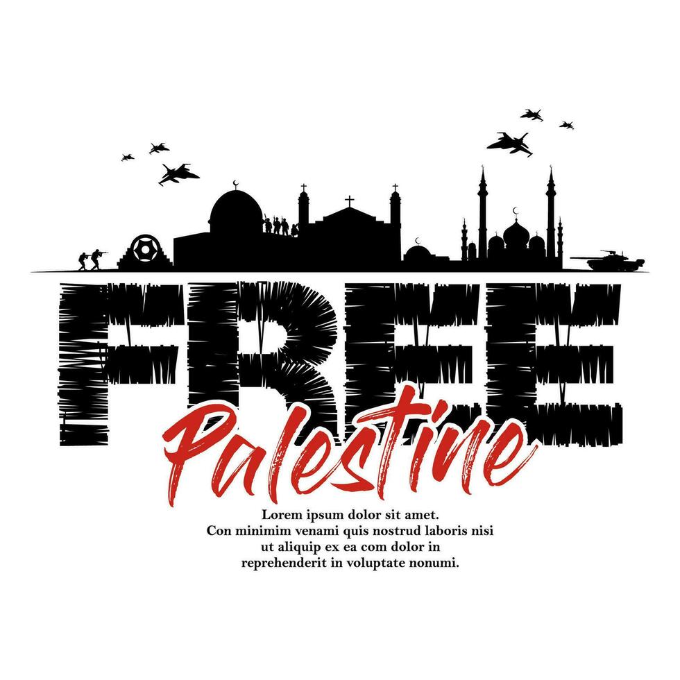 fri palestina t-shirt design med ett illustration av en stad på krig vektor