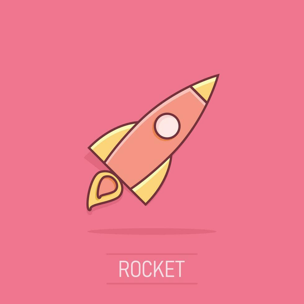 vektor tecknad serie raket ikon i komisk stil. börja lansera tecken illustration piktogram. raket företag stänk effekt begrepp.