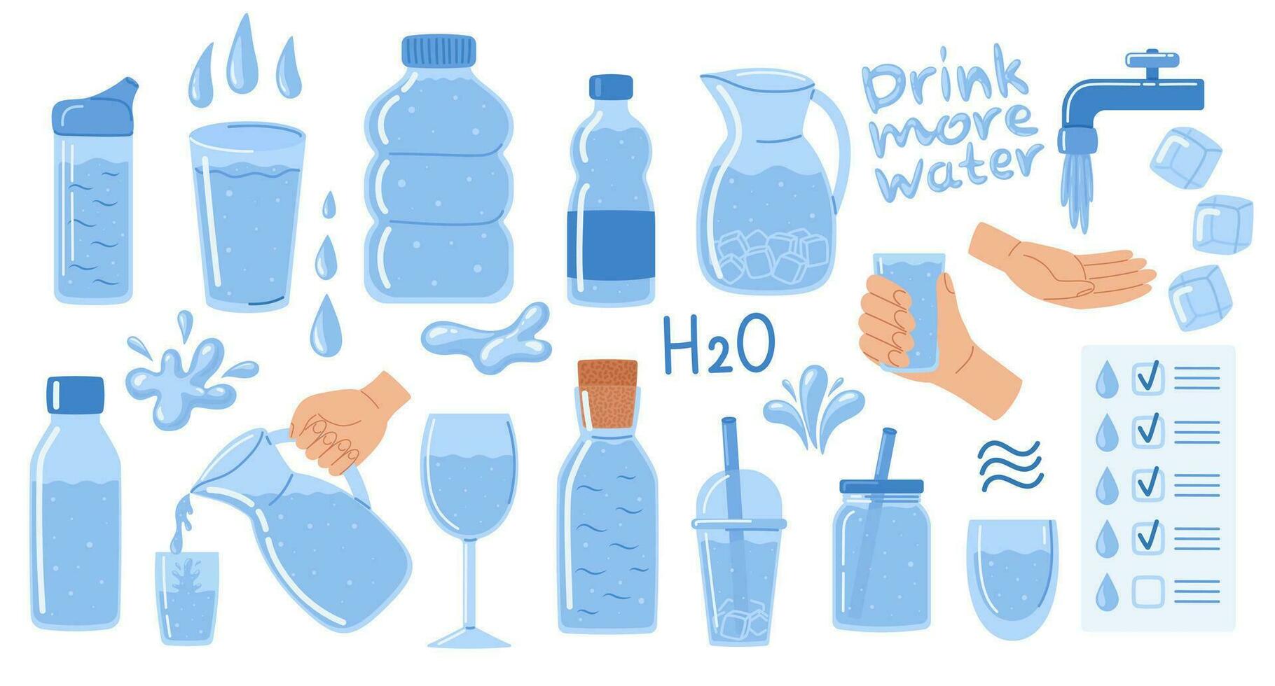 dryck Mer vatten uppsättning. dricka vatten i termos, plast och glas flaska, glasögon, karaff. vatten droppar, is kuber och stänk, kran vatten. h2o. vektor illustration i klotter stil