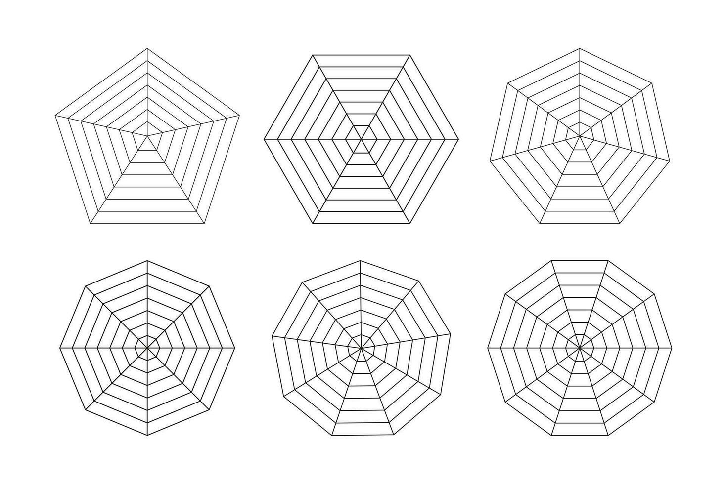 radar, Spindel diagram mall. Spindel maska. polygon grafer. diagram för statistisk och analytisk. tom radar diagram. enkel coaching verktyg. rutnät med segment. vektor platt illustration.