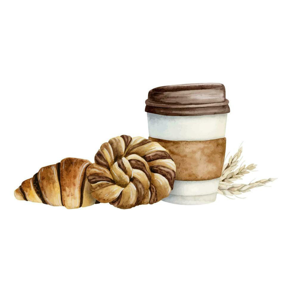 choklad croissant och flätad uppfödda bulle med kaffe kopp och vete vektor vattenfärg illustration för frukost och Kafé meny