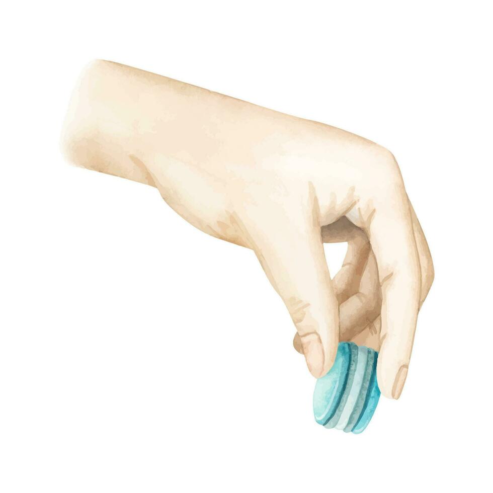 hand innehav kricka pastell blå franska biskvi vattenfärg vektor illustration för efterrätt ljuv mat mönster