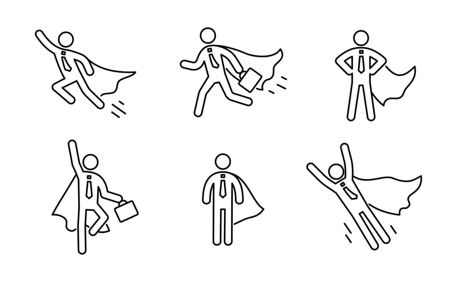 superhjälte företag piktogram man linje ikon uppsättning. superhjälte affärsman flygande översikt figur. seger arbetstagare, arbetsgivare piktogram person vektor
