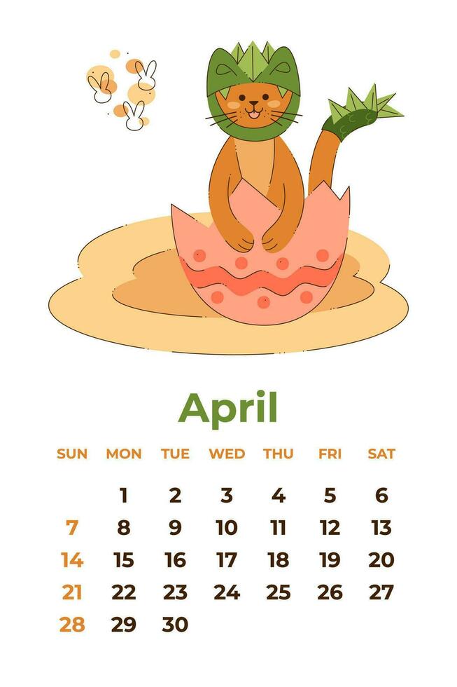 april 2024. kalender ark med en söt katt i en drake kostym Sammanträde i ett påsk ägg skal. tecknad serie vektor illustration.