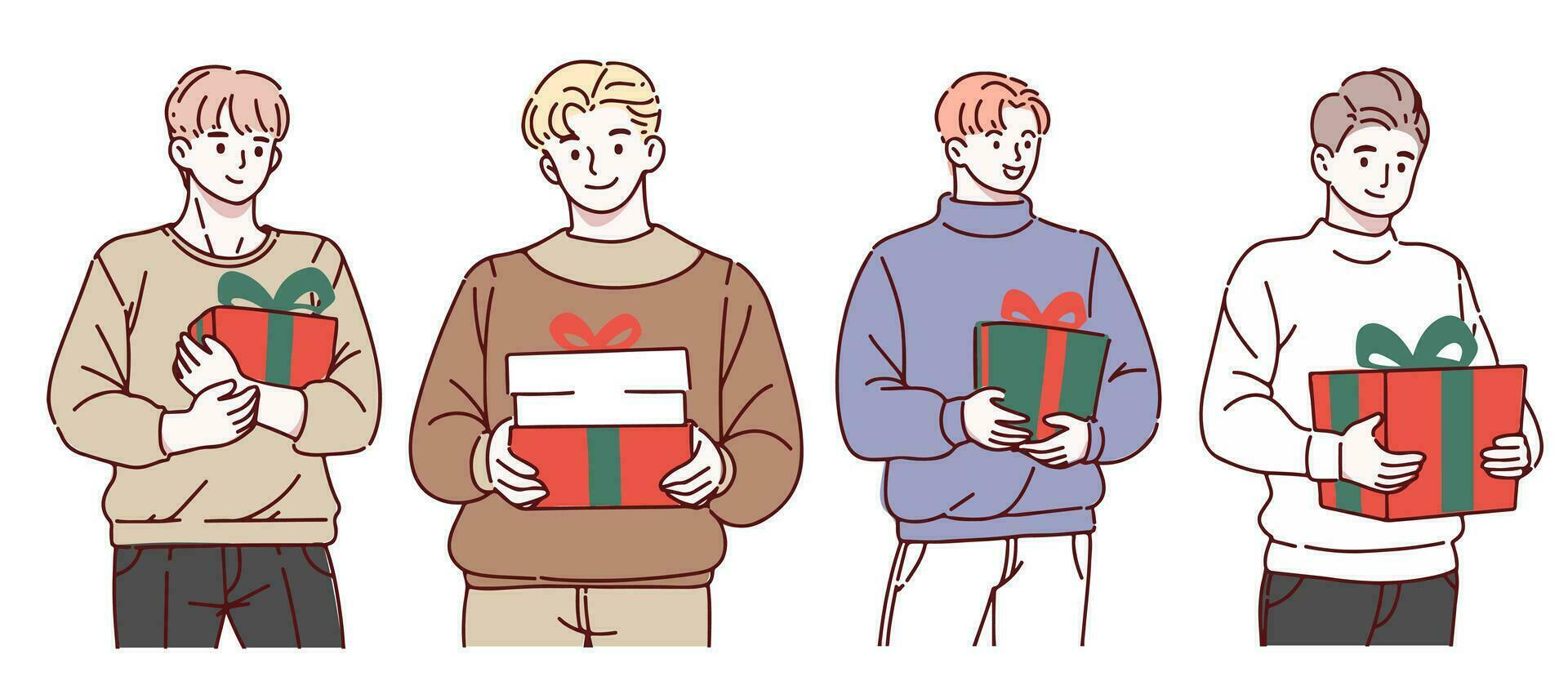 glücklich Menschen mit Weihnachten Geschenke. einstellen von fröhlich Mann halten und Tragen eingewickelt Neu Jahr Geschenk Boxen. Geschenkbox zum Winter Feiertage. eben Vektor Illustration isoliert auf Weiß Hintergrund