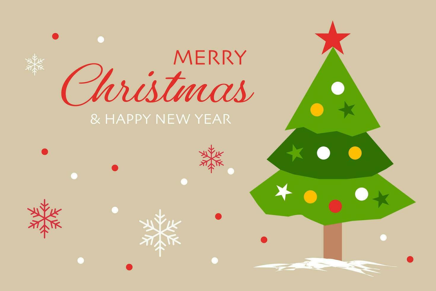 glad jul och Lycklig ny år hälsning festival med träd, stjärna och snöflingor illustration vektor. vektor