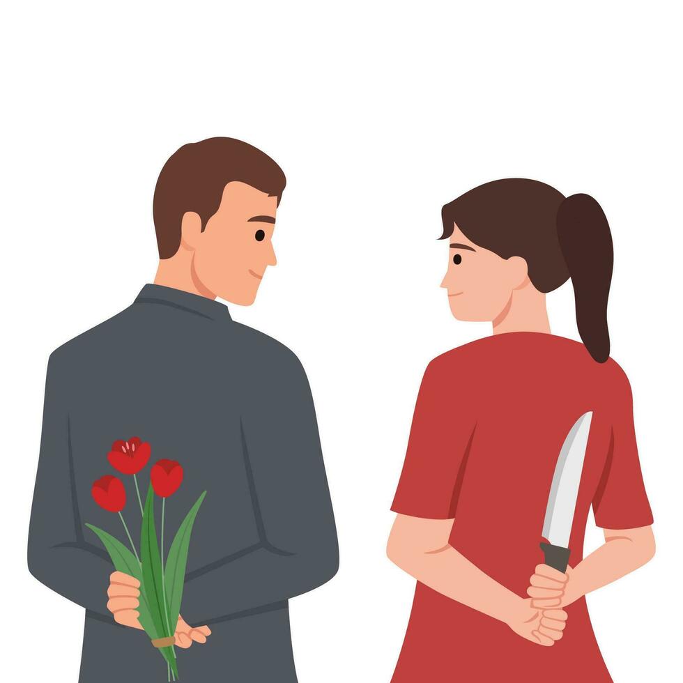 Mann und Frau aussehen in Augen halten Messer und Blumen hinter ihr Rücken. vektor