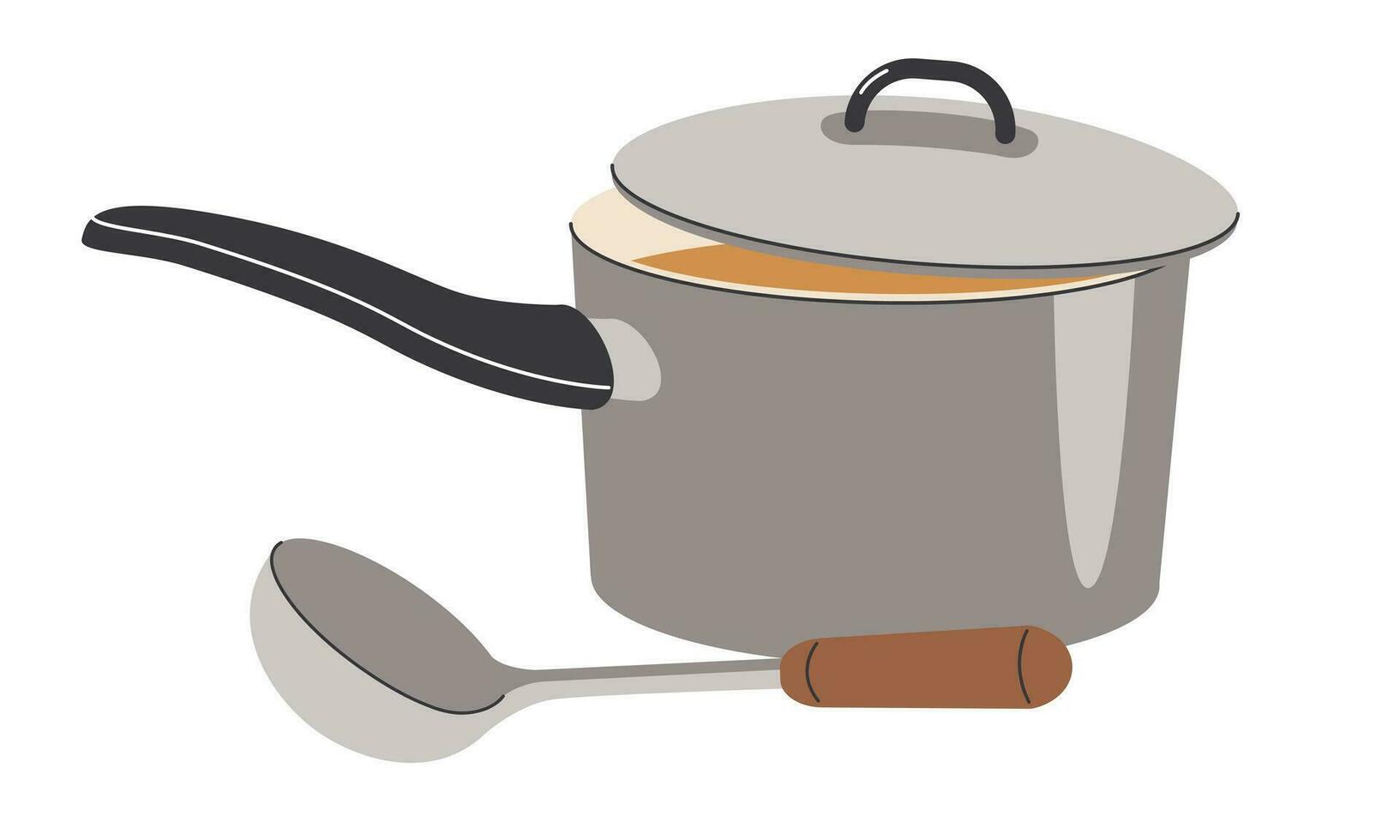Topf und Kelle. Küche Kochen Artikel, Vektor Illustration von Kochen Elemente isoliert auf ein Weiß Hintergrund
