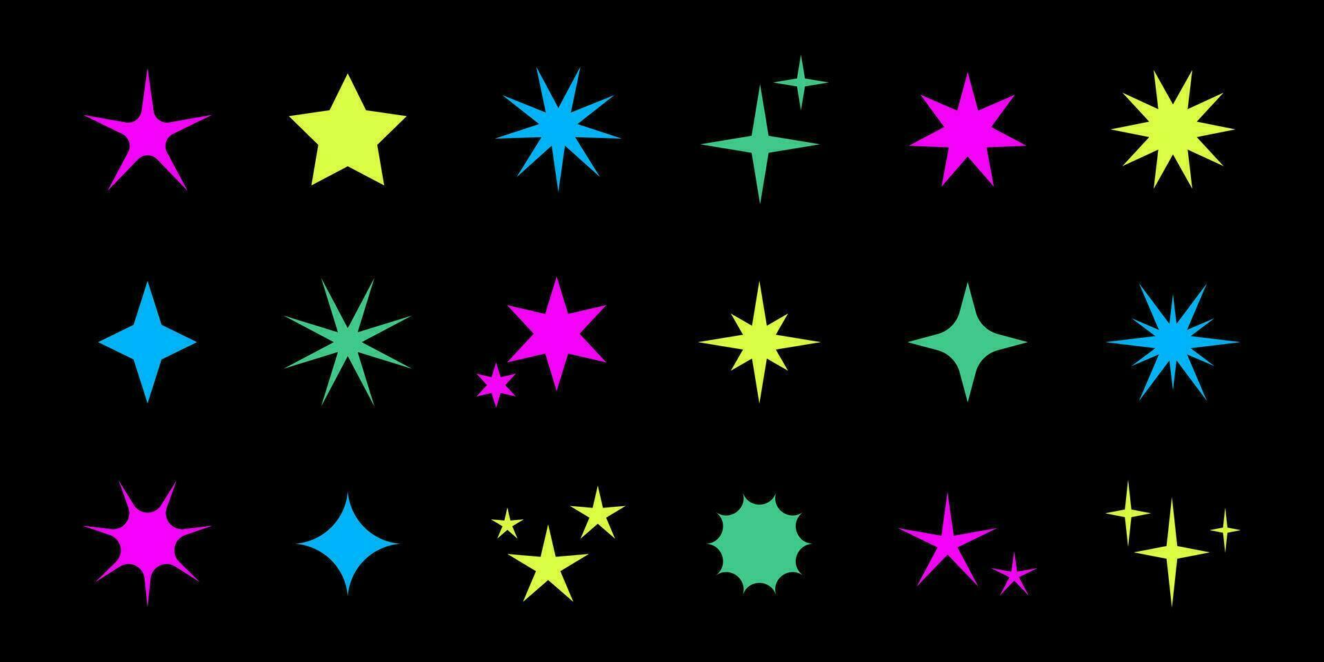 vektor retro uppsättning av syra trogen gnistra ikoner på svart bakgrund. samling av färgrik stjärna former. y2k abstrakt stjärnor. abstrakt Häftigt glans 90s tecken.