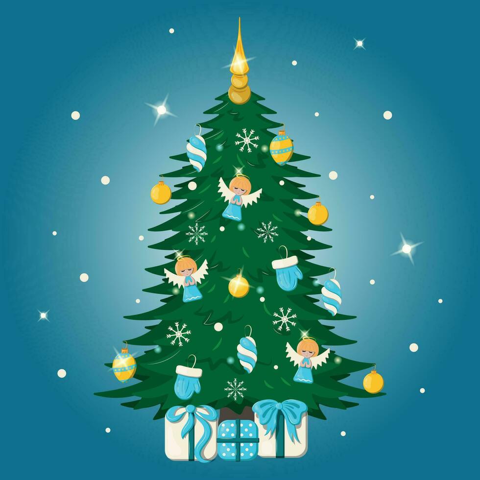 skön jul illustration med festlig dekorerad träd vektor