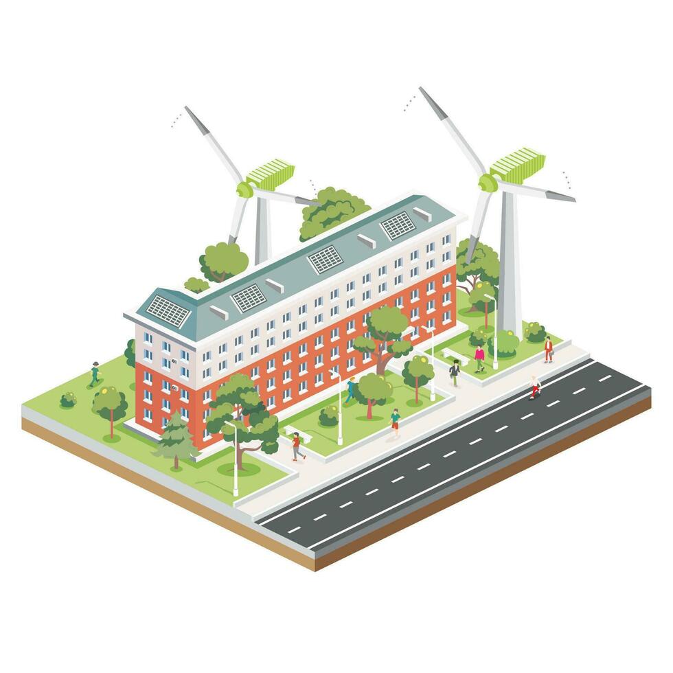 isometrisk bostads- fem våning byggnad med sol- paneler med vind turbiner. grön eco vänlig hus. infographic element. stad arkitektur isolerat på vit bakgrund. vektor