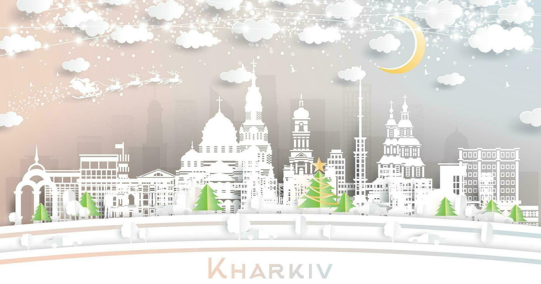 Charkiw Ukraine. Winter Stadt Horizont im Papier Schnitt Stil mit Schneeflocken, Mond und Neon- Girlande. Weihnachten und Neu Jahr Konzept. Santa claus auf Schlitten. Charkiw Stadtbild mit Sehenswürdigkeiten. vektor