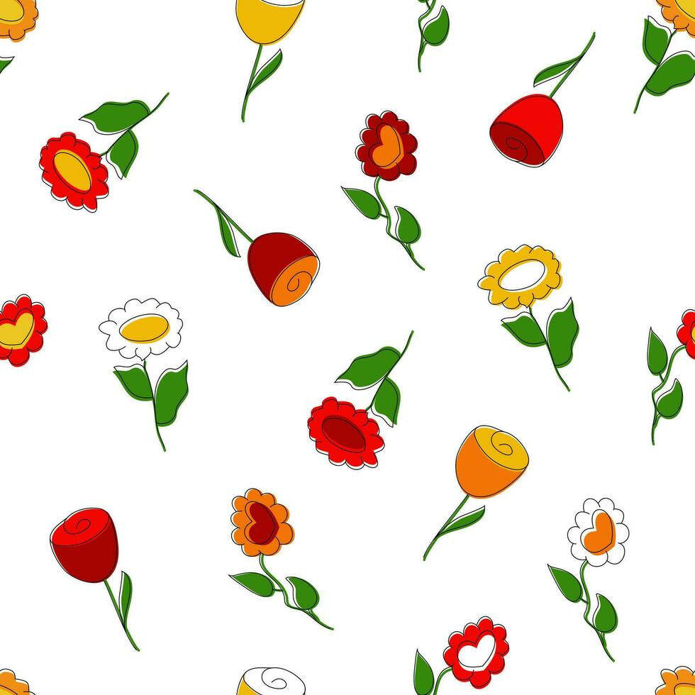 nahtlos Muster von hell bunt Blumen auf ein Weiß Hintergrund. Gekritzel Stil. Blumen- Hintergrund vektor
