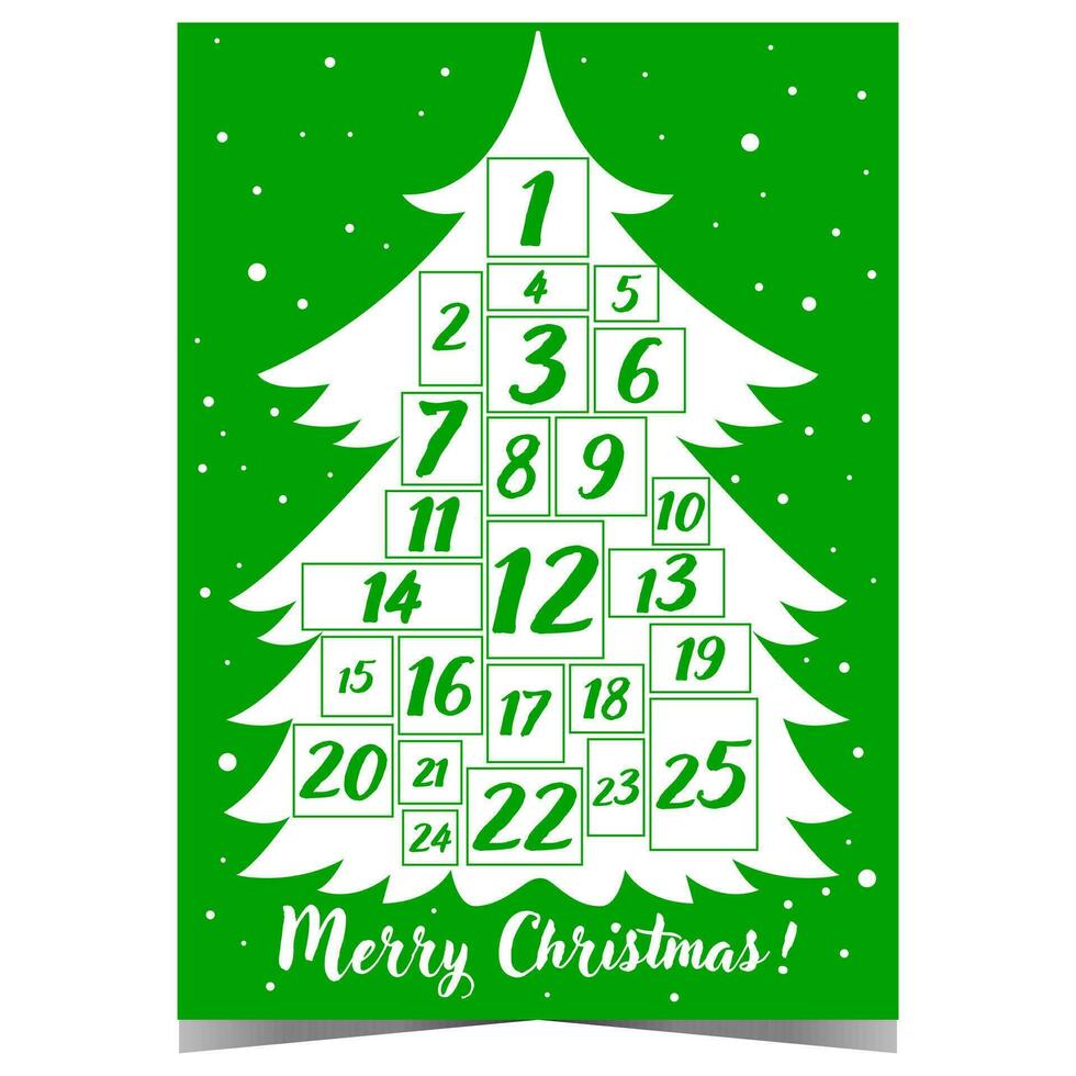 första advent kalender för jul till räkna de dagar fram tills jul eve till skaffa sig presenterar från santa claus. första advent kalender med vit jul träd och datum från 1 till 25 december på grön bakgrund. vektor