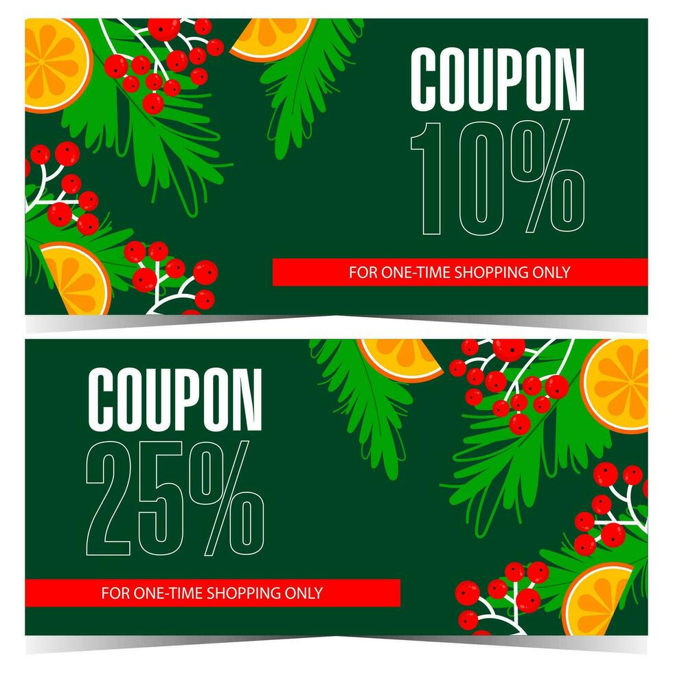 Rabatt Coupon zum Weihnachten Einkaufen Jahreszeit mit Urlaub Dekoration Elemente und Preis die Ermäßigung Prozent angegeben. können Sein benutzt wie Verkauf und Besondere Angebot Fahrkarte, Klaue, Geschenk Gutschein oder Zertifikat. vektor