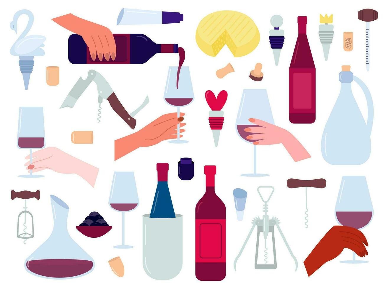 Trinken Wein Vektor eben Design Satz. Wein Gläser, Flaschen, Hand mit Glas, Hand Gießen Wein, Korkenzieher. eben Stil Weingut Konzept Satz.