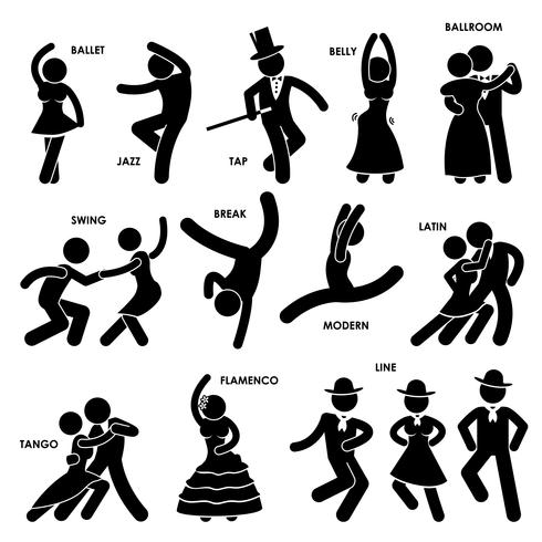Tanzen Tänzer Ballett Jazz Tap Belly Ballroom Swing Break Moderne Latin Tango Flamenco Linie Strichmännchen Piktogramm Symbol vektor