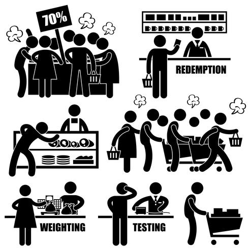 Supermarket Market Shoppers Crazy Rushing Shopping Promotion Man Stick Figur Pictogram Ikon. vektor