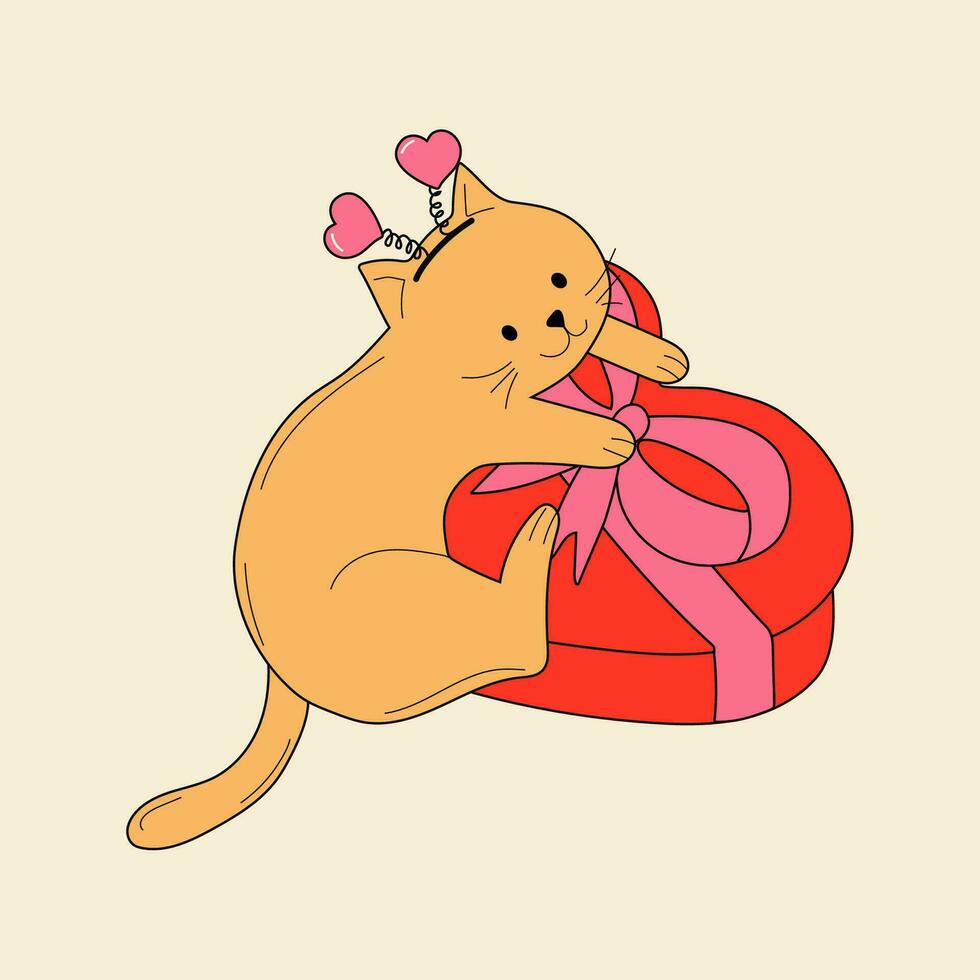 süß Katze mit Valentinsgrüße Dekorationen. Vektor Illustration.