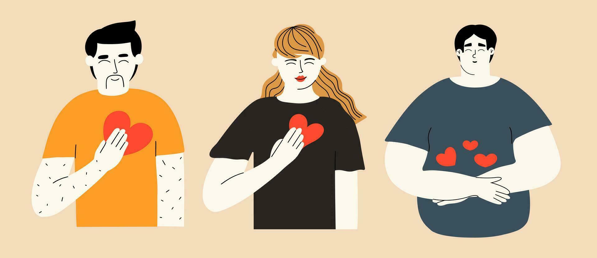 3 annorlunda människor med hjärtan. vektor hand dragen illustrationer för hjärtans dag.