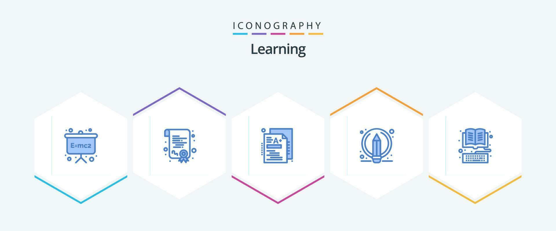 inlärning 25 blå ikon packa Inklusive bibliotek. e-bok. kvalitet. bok. penna vektor